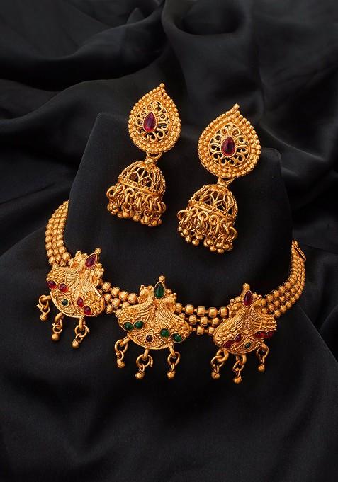 Gold Plated Green And Pink Stone Studded Jewellery Set