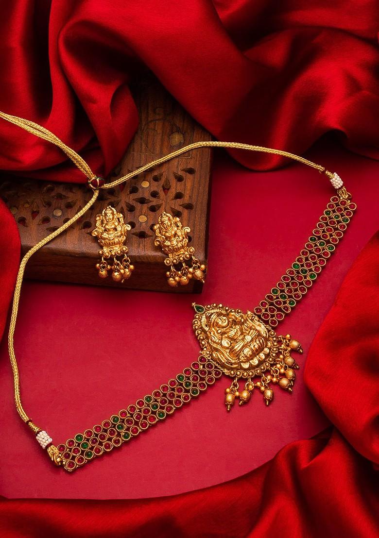 Gold Plated And Pink Pearls Beaded Handcrafted Matinee Temple Jewellery Set