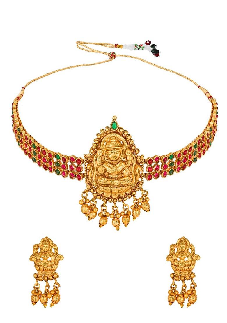 Gold Plated And Pink Pearls Beaded Handcrafted Matinee Temple Jewellery Set