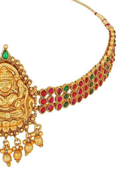 Gold Plated And Pink Pearls Beaded Handcrafted Matinee Temple Jewellery Set