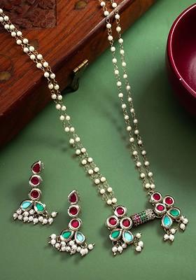 Silver Silver Plated Kundan Stone Studded And Beaded Jewellery Set
