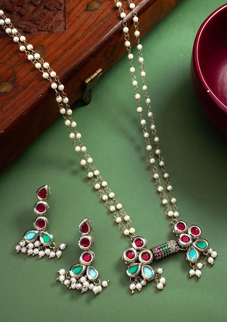 Silver Silver Plated Kundan Stone Studded And Beaded Jewellery Set