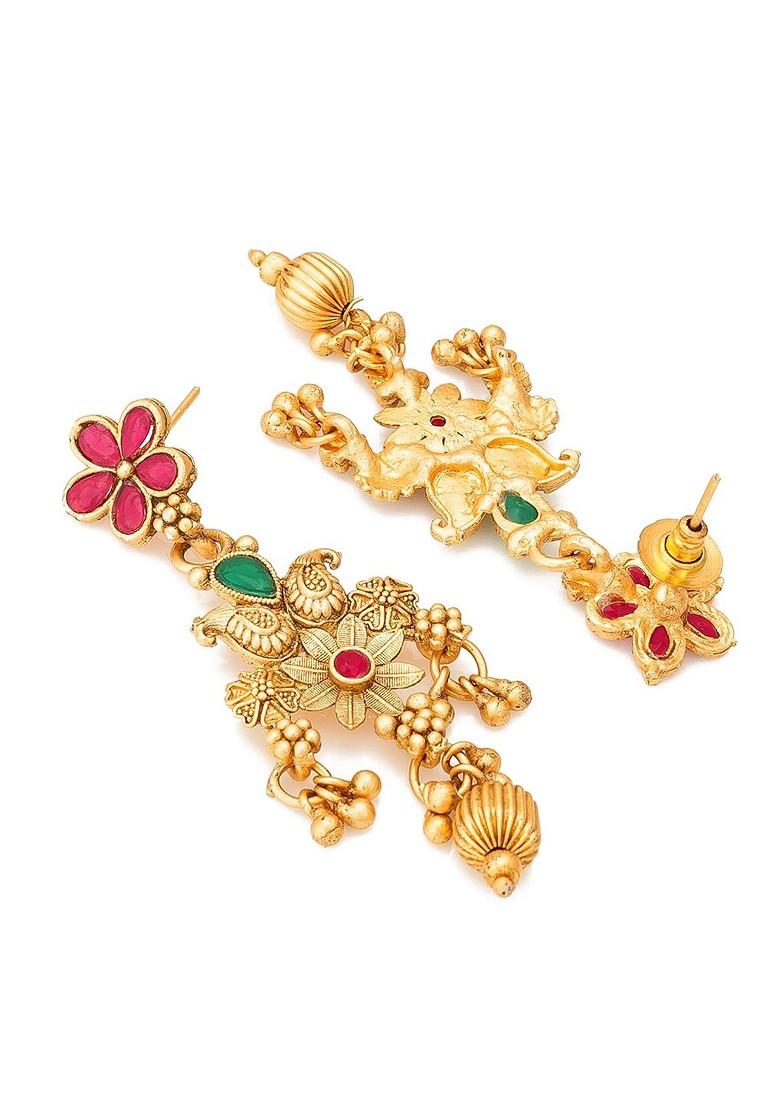 Gold Plated Green And White Stone Studded And Pearl Beaded Temple Jewellery Set