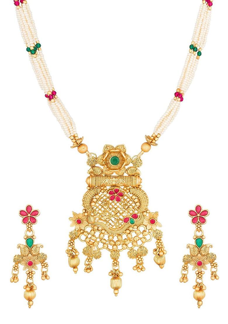 Gold Plated Green And White Stone Studded And Pearl Beaded Temple Jewellery Set