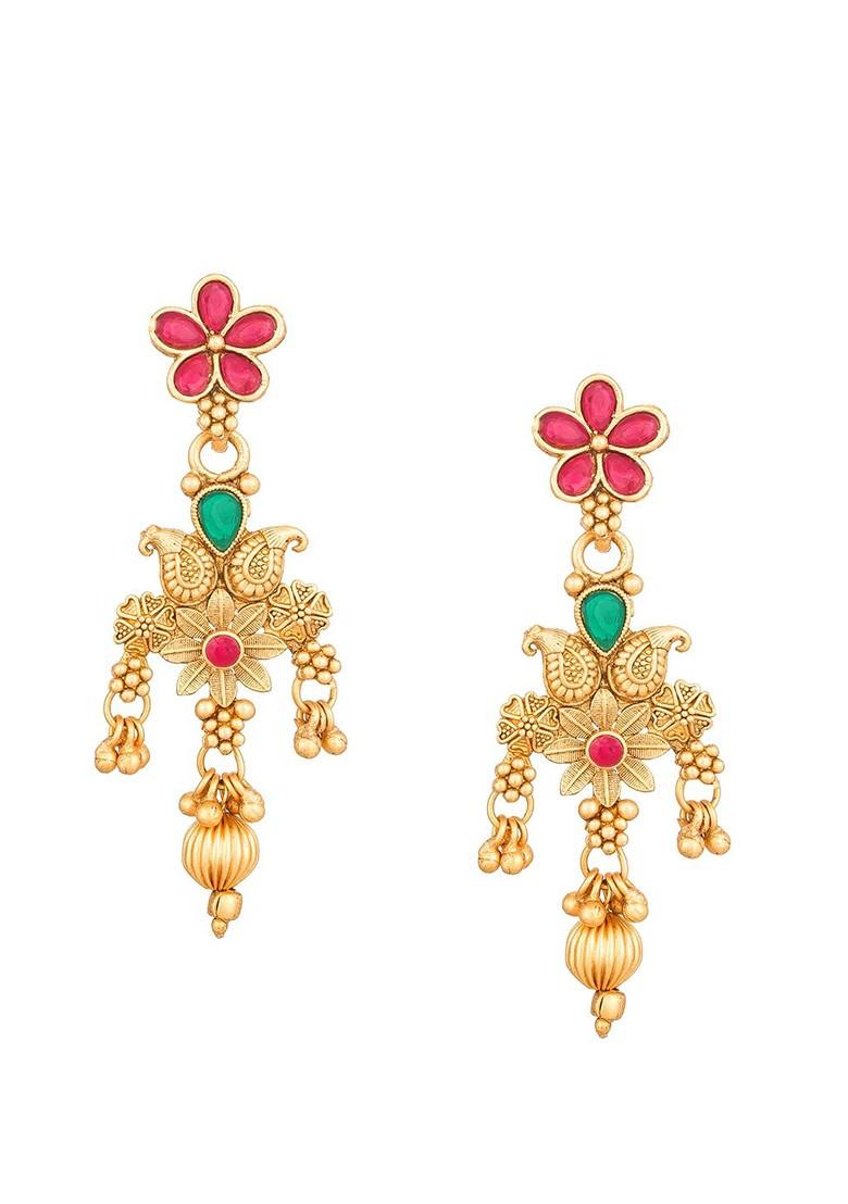 Gold Plated Green And White Stone Studded And Pearl Beaded Temple Jewellery Set