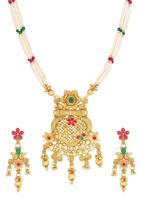 Gold Plated Green And White Stone Studded And Pearl Beaded Temple Jewellery Set