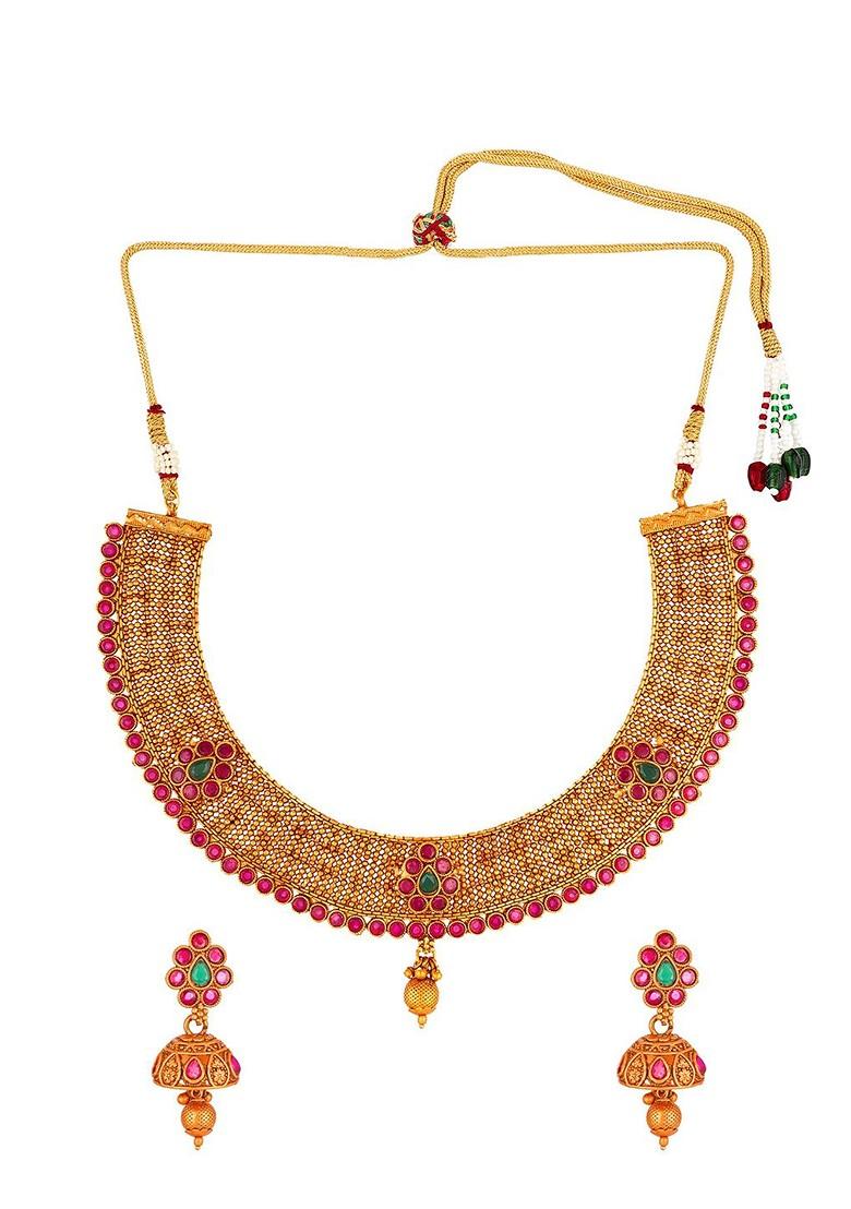 Women Gold Toned Antique Temple Choker Jewellery Set