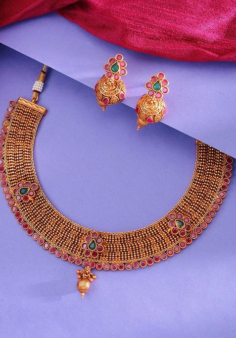 Women Gold Toned Antique Temple Choker Jewellery Set