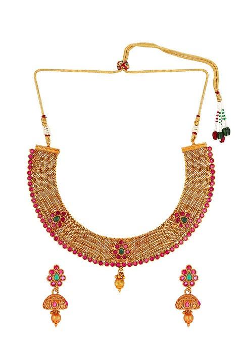 Women Gold Toned Antique Temple Choker Jewellery Set