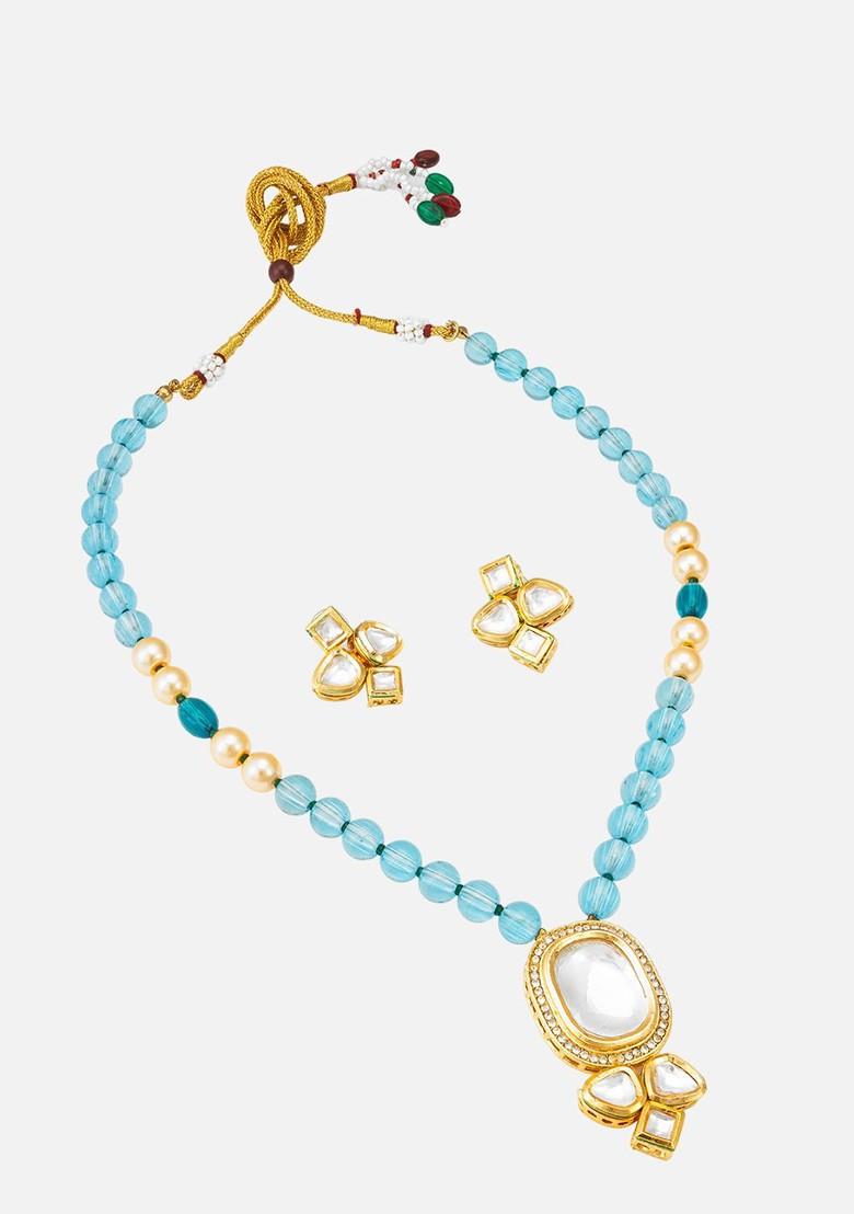 Gold Plated Stone Studded And Beaded Jewellery Set