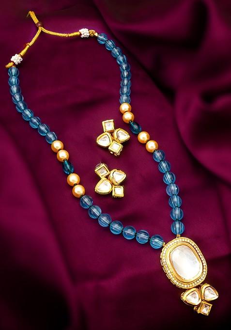 Gold Plated Stone Studded And Beaded Jewellery Set