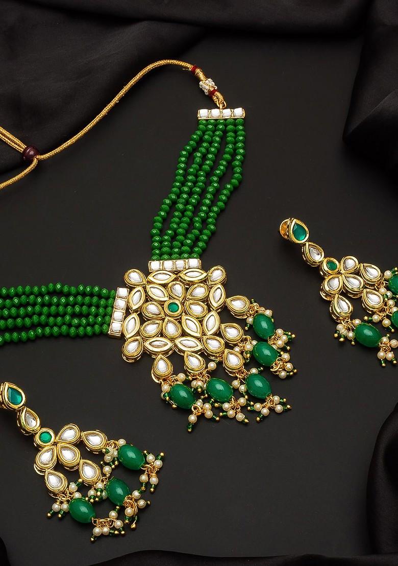 Gold Plated Green And White Kundan Studded Beaded Handcrafted Jewellery Set