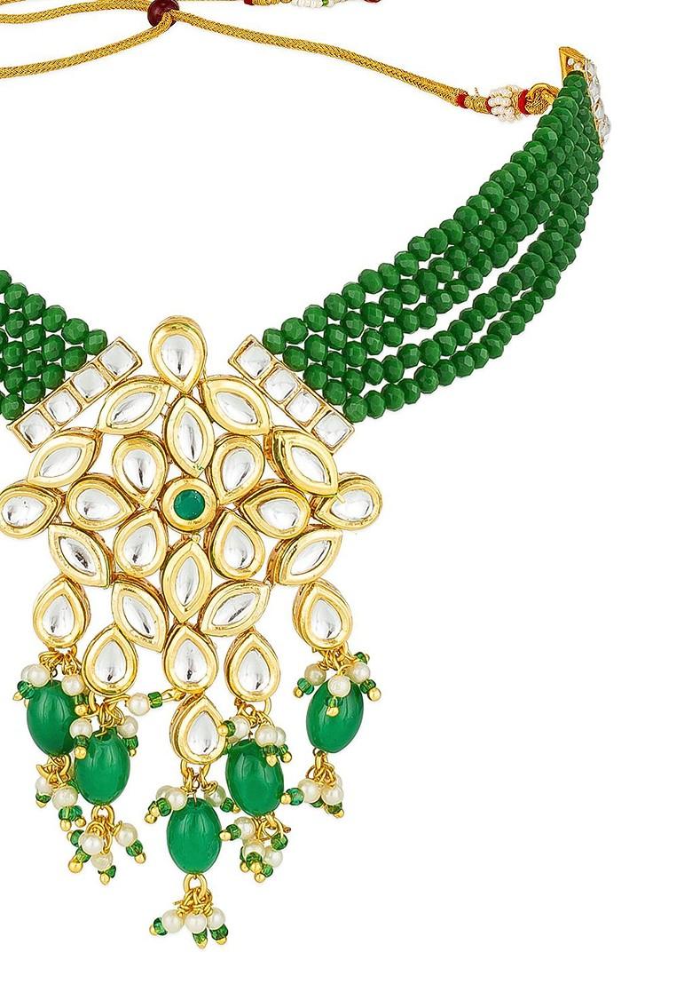 Gold Plated Green And White Kundan Studded Beaded Handcrafted Jewellery Set