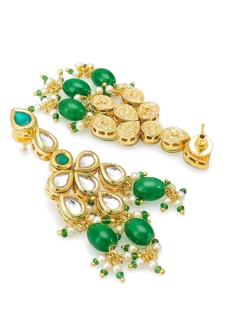 Gold Plated Green And White Kundan Studded Beaded Handcrafted Jewellery Set