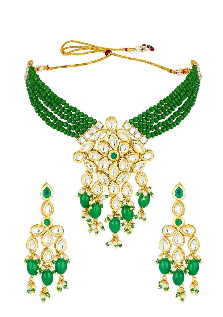 Gold Plated Green And White Kundan Studded Beaded Handcrafted Jewellery Set