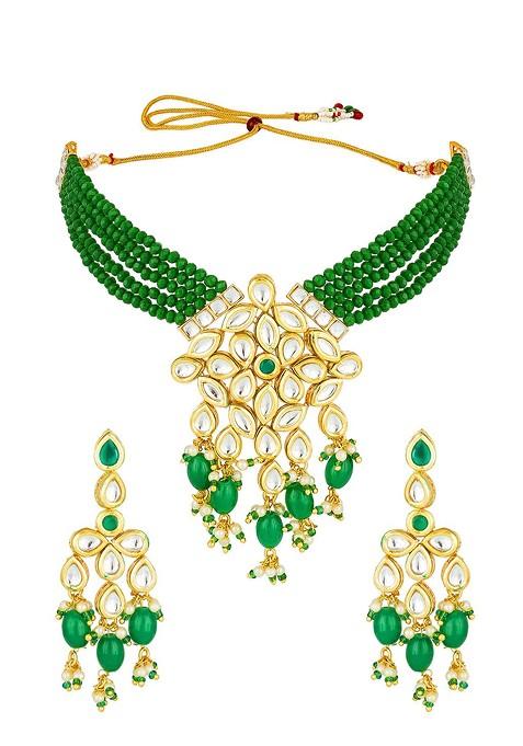 Gold Plated Green And White Kundan Studded Beaded Handcrafted Jewellery Set