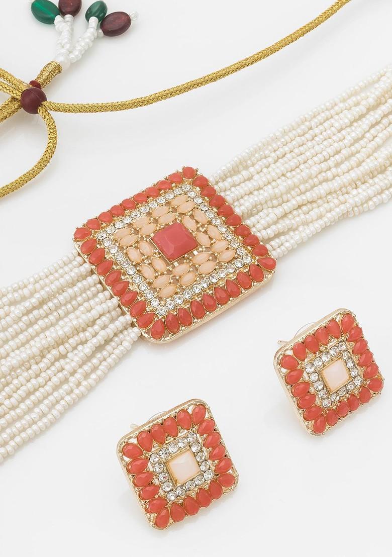 Stone Studded And Beaded Choker Necklace And Earrings Set