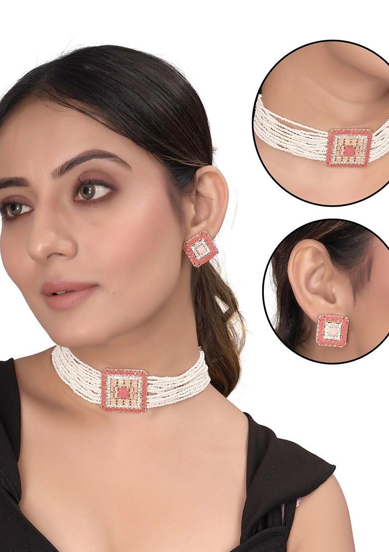 Stone Studded And Beaded Choker Necklace And Earrings Set