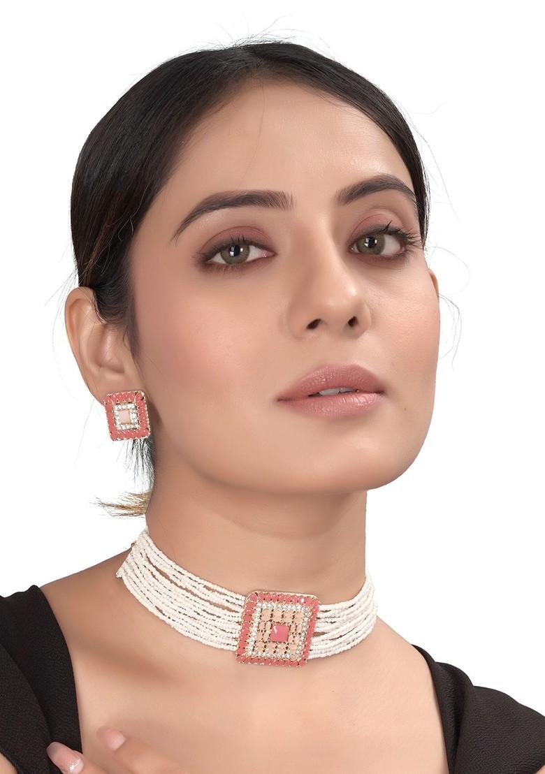 Stone Studded And Beaded Choker Necklace And Earrings Set