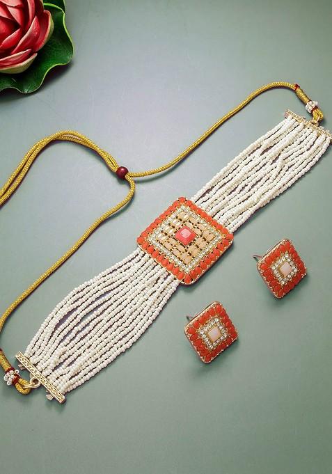 Stone Studded And Beaded Choker Necklace And Earrings Set