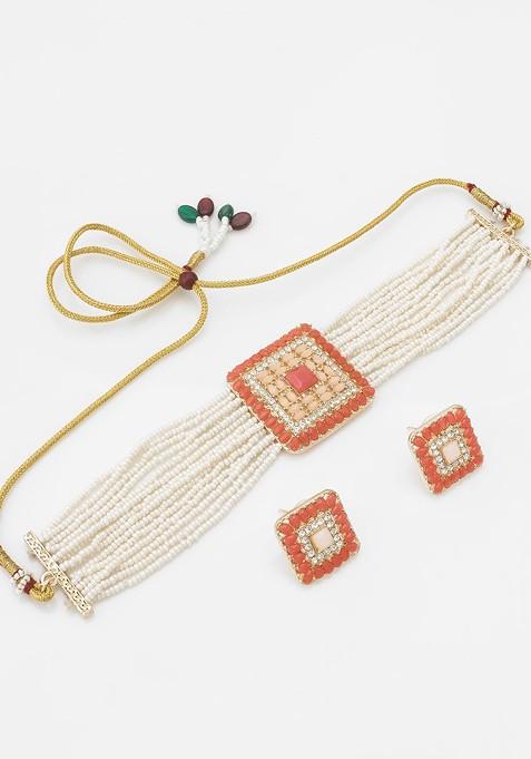 Stone Studded And Beaded Choker Necklace And Earrings Set