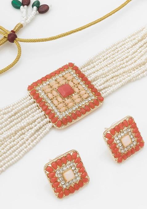 Stone Studded And Beaded Choker Necklace And Earrings Set