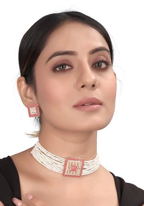 Stone Studded And Beaded Choker Necklace And Earrings Set