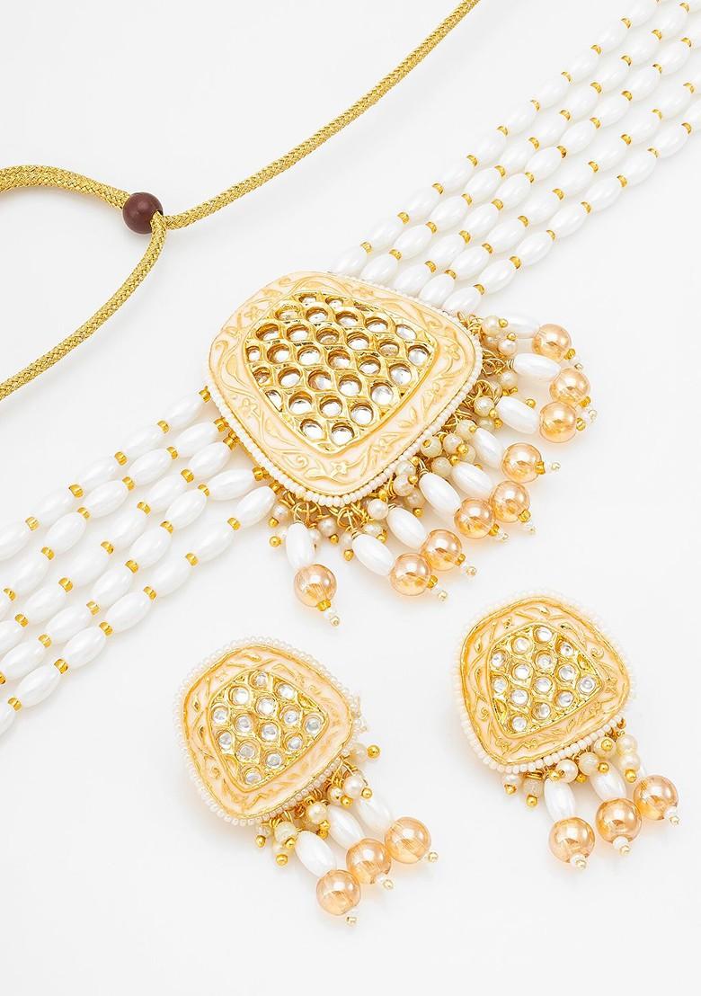 Gold Plated Stone Studded And Beaded Jewellery Set