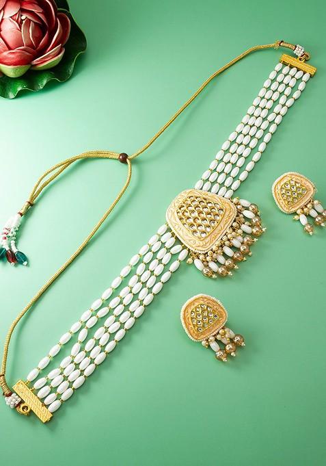 Gold Plated Stone Studded And Beaded Jewellery Set