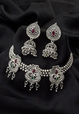 Silver Oxidised Silver Plated Pink And Green Stone Studded Jewellery Set