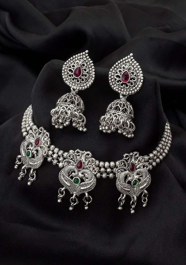 Silver Oxidised Silver Plated Pink And Green Stone Studded Jewellery Set - Indya