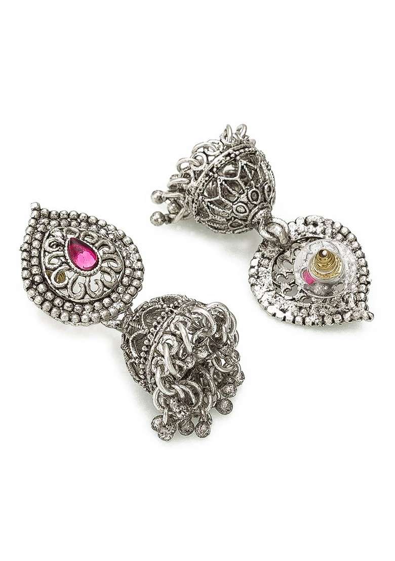 Silver Oxidised Silver Plated Pink And Green Stone Studded Jewellery Set - Indya