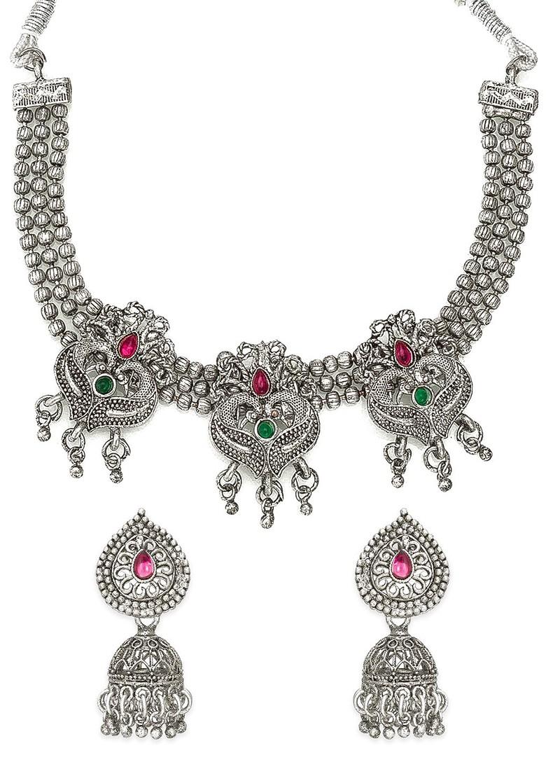 Silver Oxidised Silver Plated Pink And Green Stone Studded Jewellery Set
