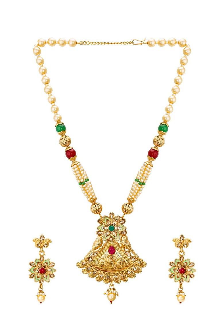 Gold Plated And Red Kundan Studded And Pearl Beaded Jadau Handcrafted Jewellery Set