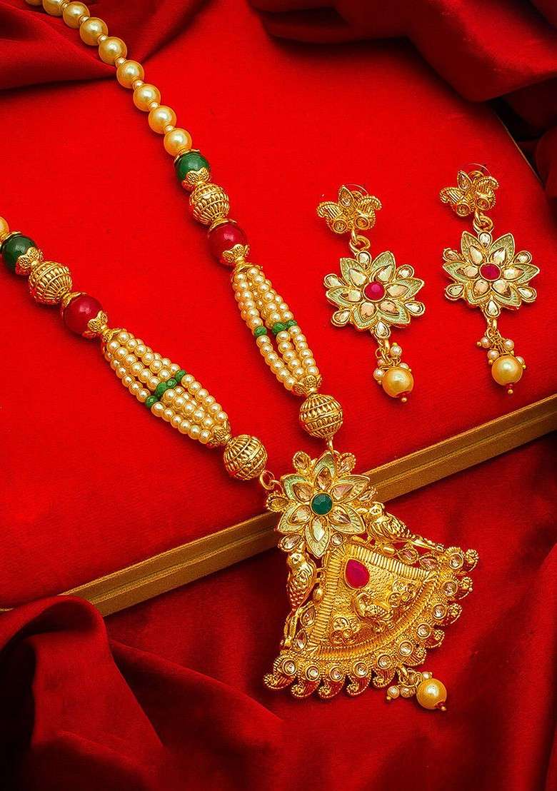 Gold Plated And Red Kundan Studded And Pearl Beaded Jadau Handcrafted Jewellery Set - Indya