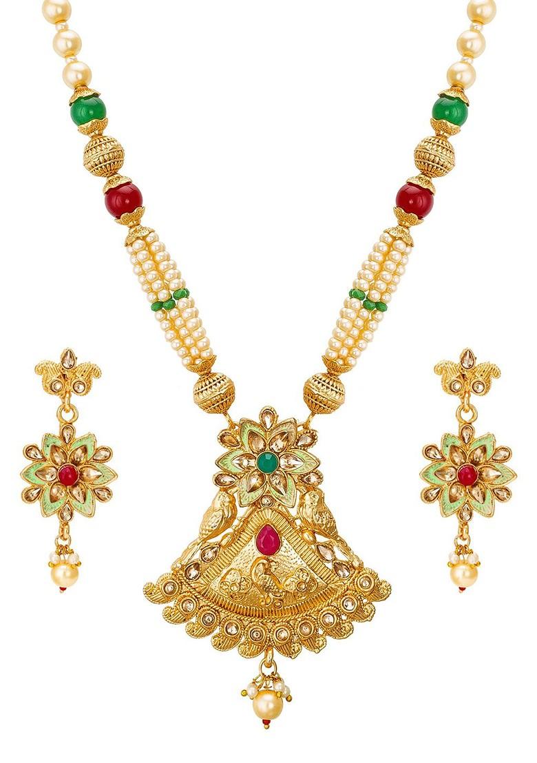Gold Plated And Red Kundan Studded And Pearl Beaded Jadau Handcrafted Jewellery Set