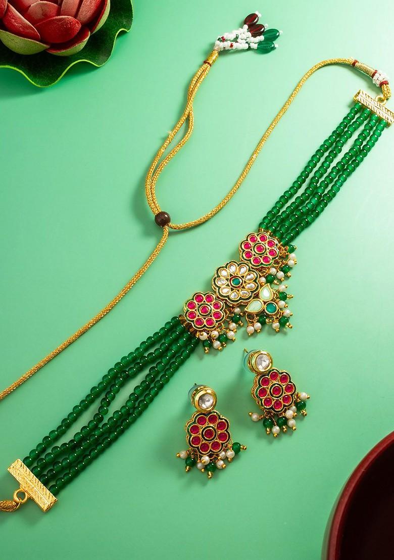 Green Kundan Studded Necklace And Earrings