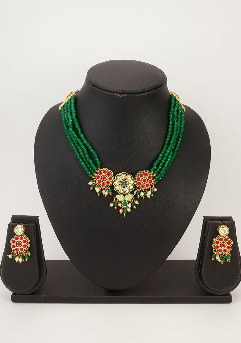 Green Kundan Studded Necklace And Earrings