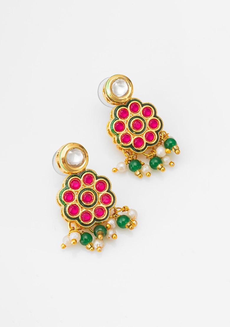Green Kundan Studded Necklace And Earrings