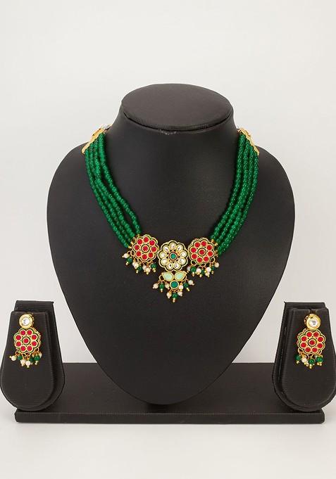 Green Kundan Studded Necklace And Earrings