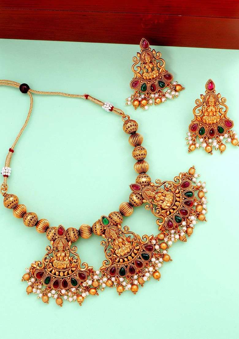 Gold Plated White And Red Stone Studded And Pearl Beaded Handcrafted Jewellery Set - Indya