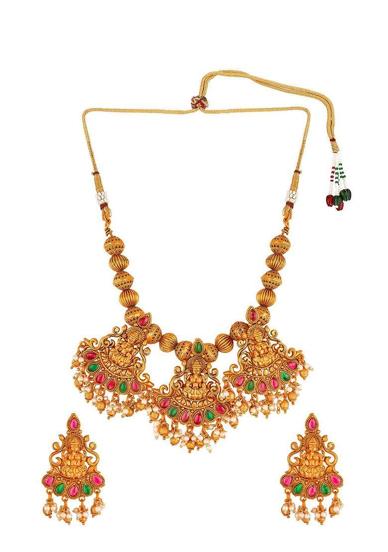 Gold Plated White And Red Stone Studded And Pearl Beaded Handcrafted Jewellery Set - Indya