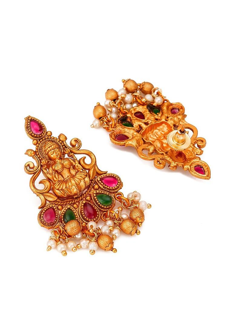 Gold Plated White And Red Stone Studded And Pearl Beaded Handcrafted Jewellery Set