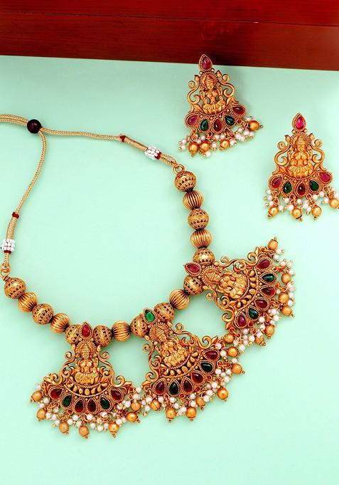 Gold Plated White And Red Stone Studded And Pearl Beaded Handcrafted Jewellery Set