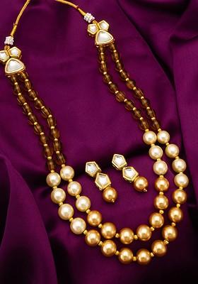 Gold Plated Stone Studded And Beaded Jewellery Set