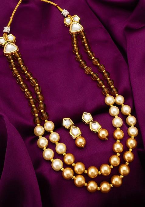 Gold Plated Stone Studded And Beaded Jewellery Set