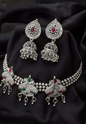 Silver Oxidized Silver Plated Magenta Pink And Green Stone Studded Jewellery Set