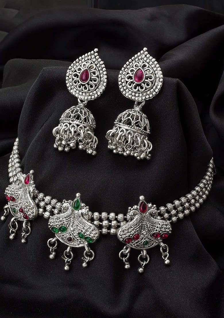 Silver Oxidized Silver Plated Magenta Pink And Green Stone Studded Jewellery Set - Indya