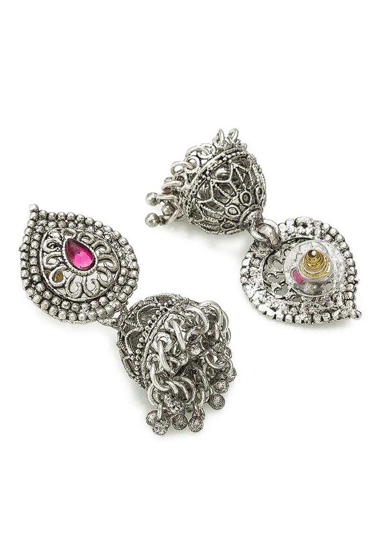 Silver Oxidized Silver Plated Magenta Pink And Green Stone Studded Jewellery Set