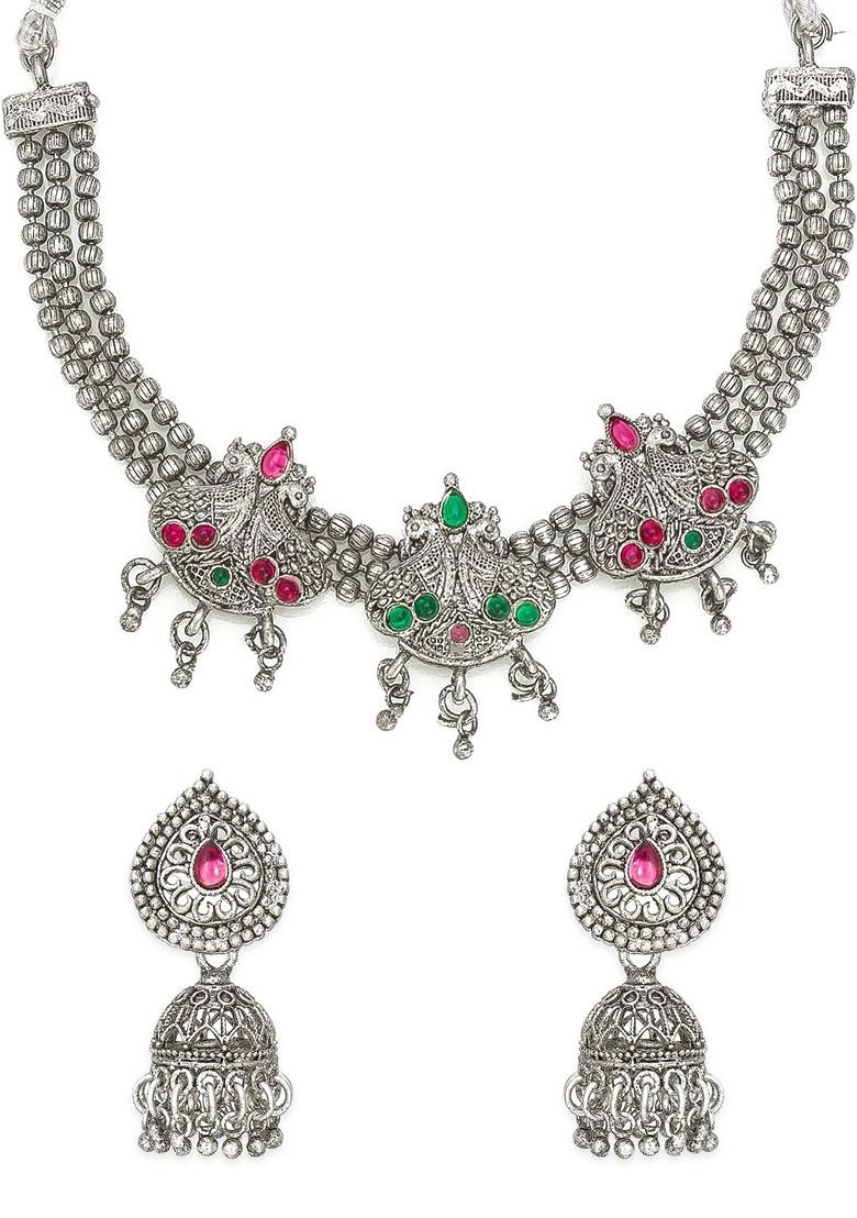 Silver Oxidized Silver Plated Magenta Pink And Green Stone Studded Jewellery Set